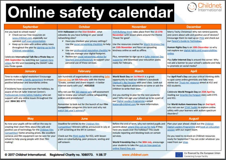 Schools Online Safety Calendar Updated For 2017 18 Childnet Schools Online Safety Calendar Updated For 2017 18 Childnet