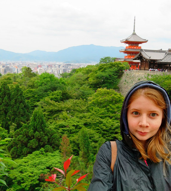 Selfie of a girl in a hood. The background has been edited to show a scene from Japan.