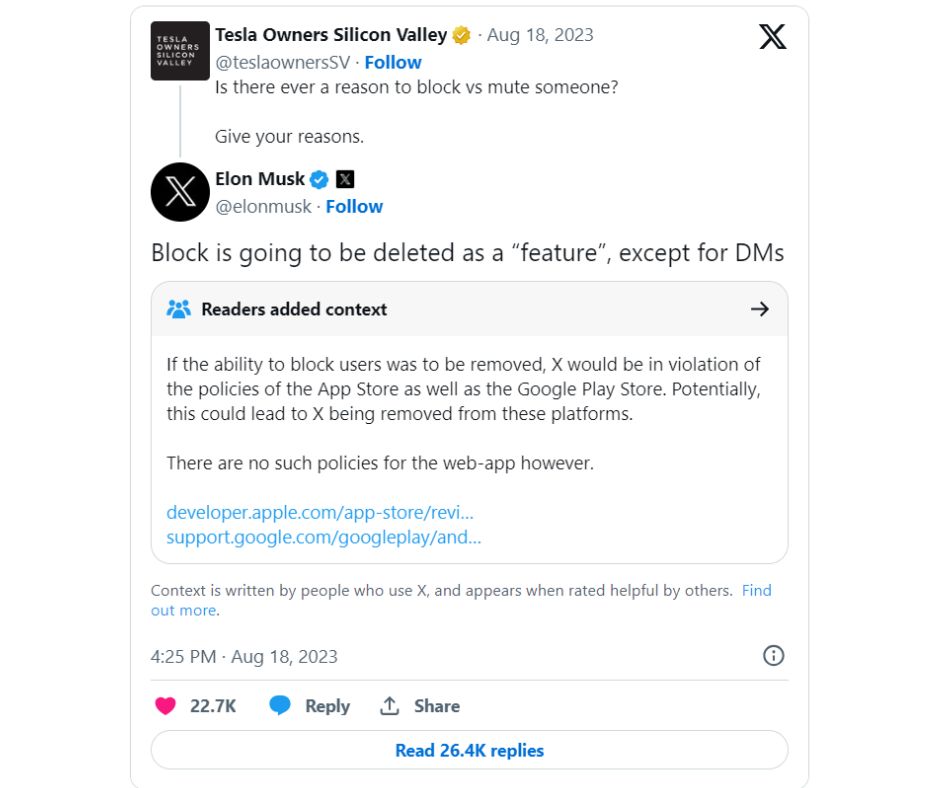 Elon Musk replying to a tweet and stating that, "Block is going to be deleted as a "feature", except for DMs